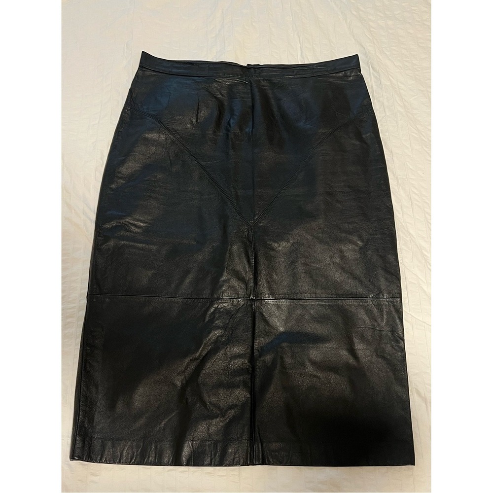 Ville Franche Vintage Black Leather Pencil Skirt Womens L High Waist Snap Vent